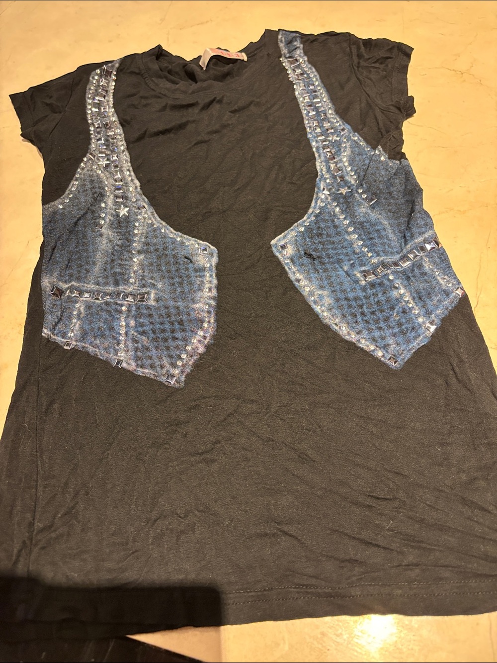 Women's Black Graphic Tee with Blue Vest Print